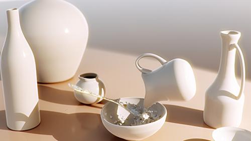 Ceramic pots, silver spoon, fluid simulation - for Luxrender preview image
